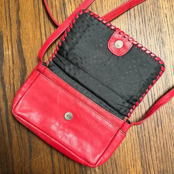 Vintage Inspired Red Leather Crossbody Bag with Hand-Stitched Details Boho - Picture 6 of 11